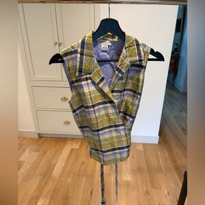 100% Silk Ann Taylor Yellow, Lavender & Green Plaid Sleeveless Top